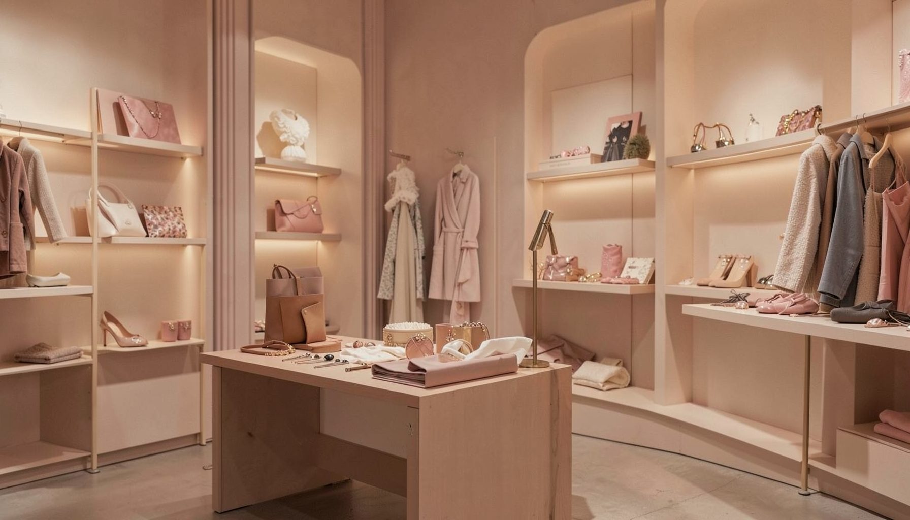 A softly lit boutique interior with curated fashion accessories on display, muted blush and cream tones, elegant and intimate