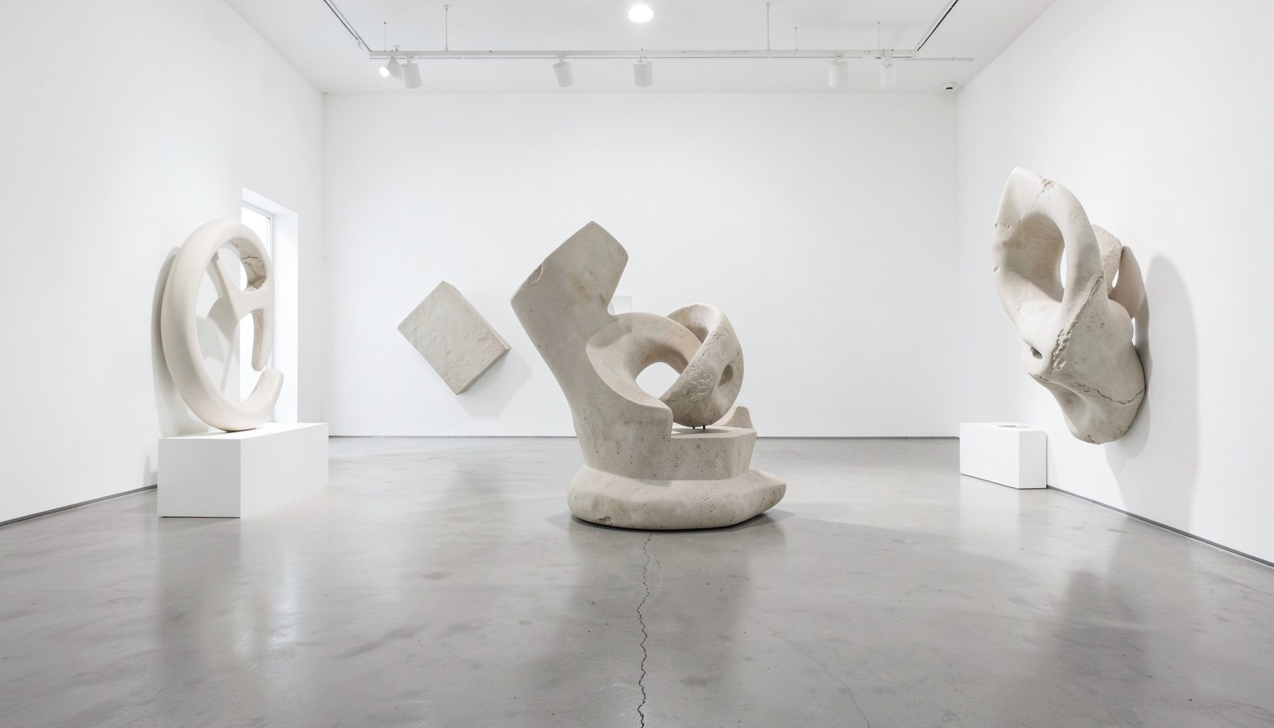 A contemporary sculpture installation in a bright gallery space, with organic abstract forms in muted neutral tones