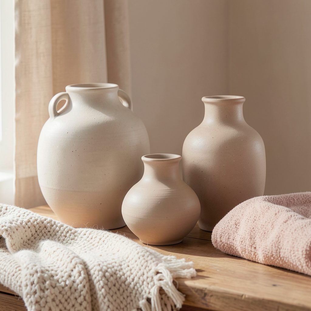 Warm-toned interior vignette with ceramic vases and textured textiles on a wooden surface, soft natural light, blush and cream tones