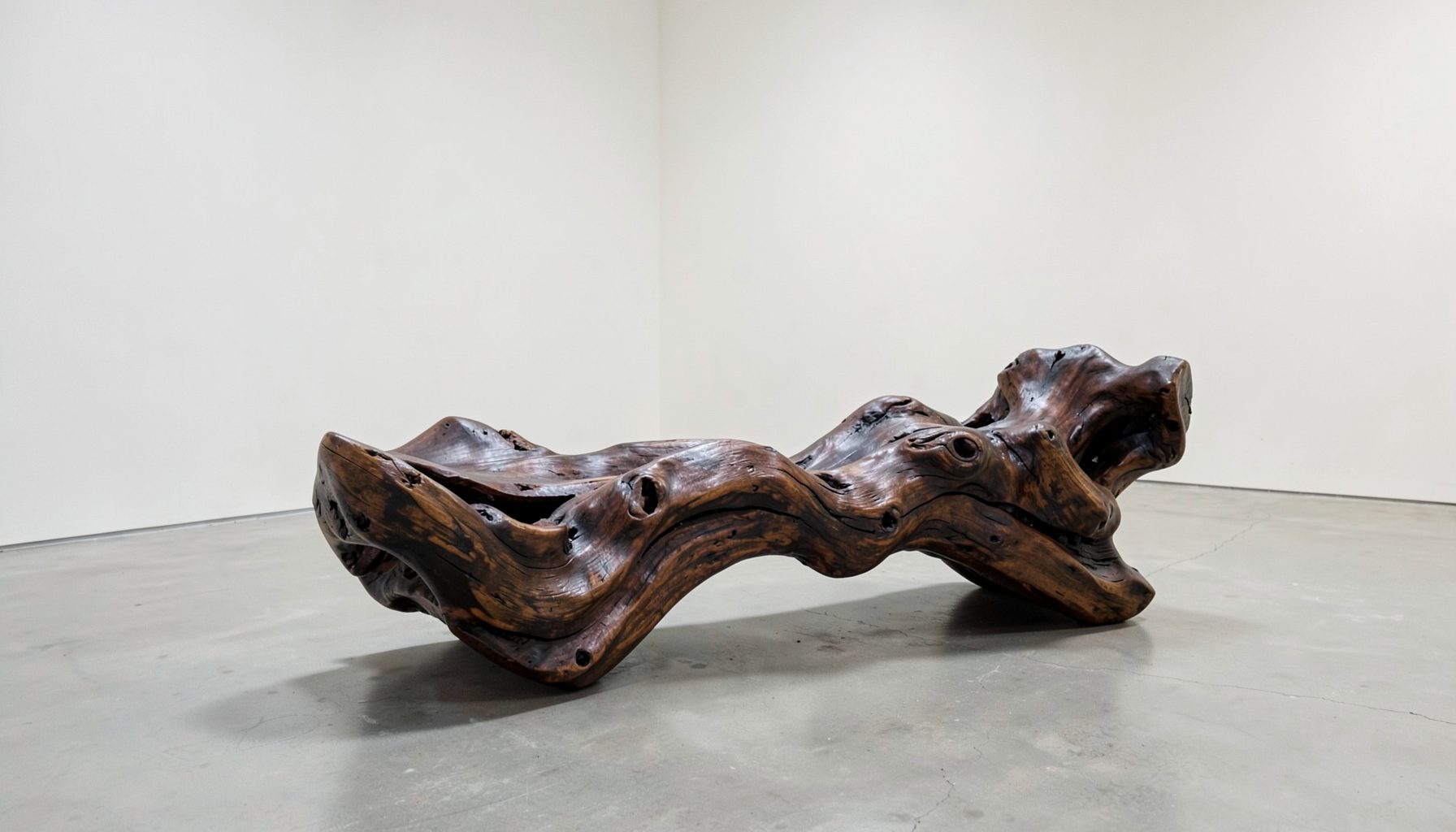 An organic sculptural bench made of twisting dark wood, set in a bright gallery space with neutral walls