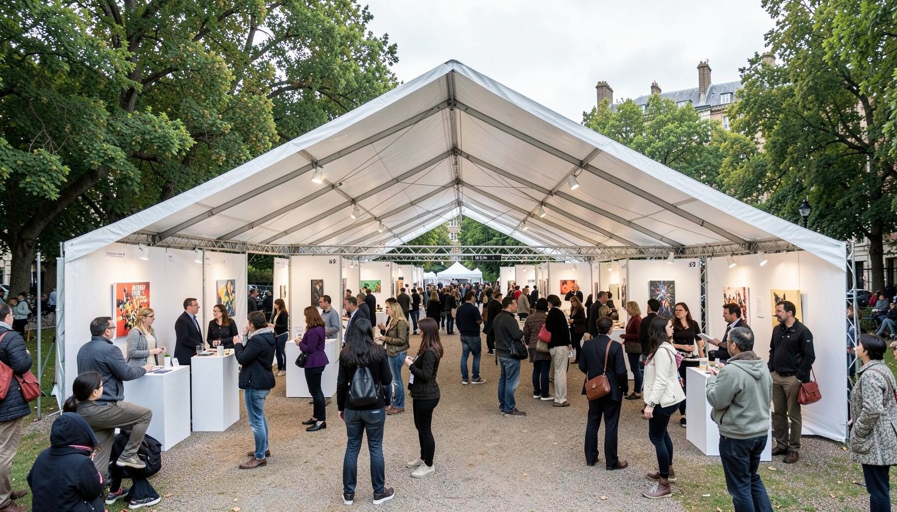 A bustling contemporary art fair tent with gallery booths and visitors exploring installations under daylight