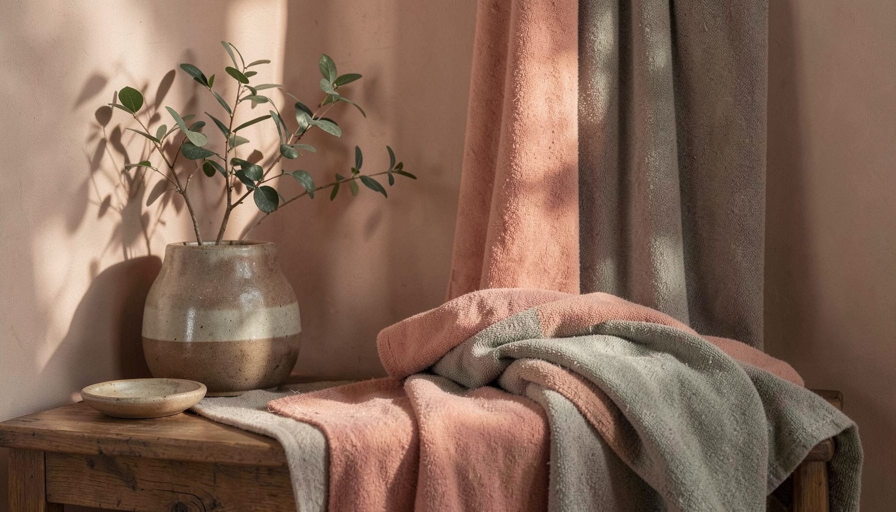 A softly lit interior corner with layered textiles in muted coral and sage tones, ceramic vessels on a wooden surface