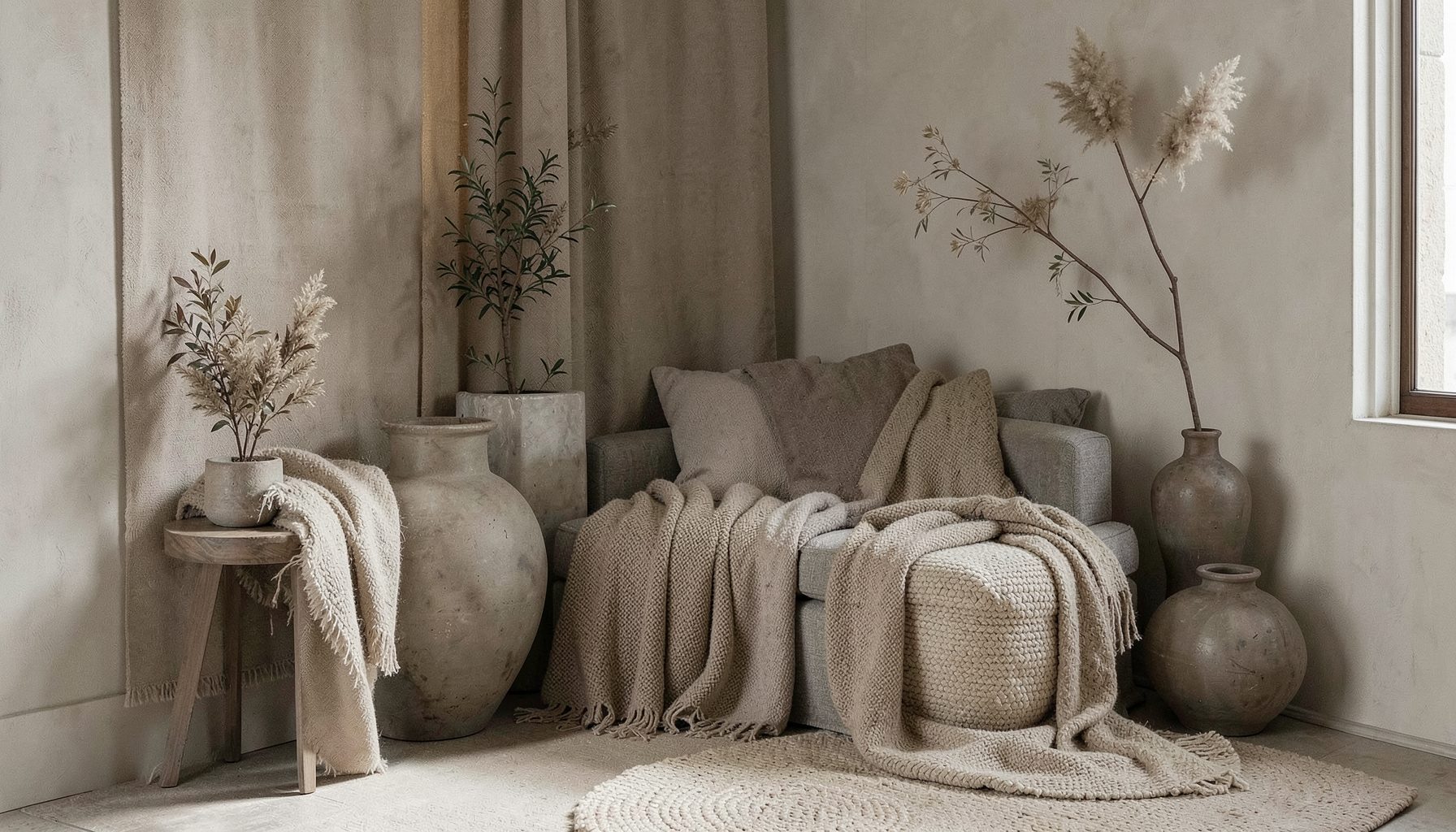 Wide atmospheric shot of a thoughtfully styled interior corner with layered textiles, ceramics, and botanical elements
