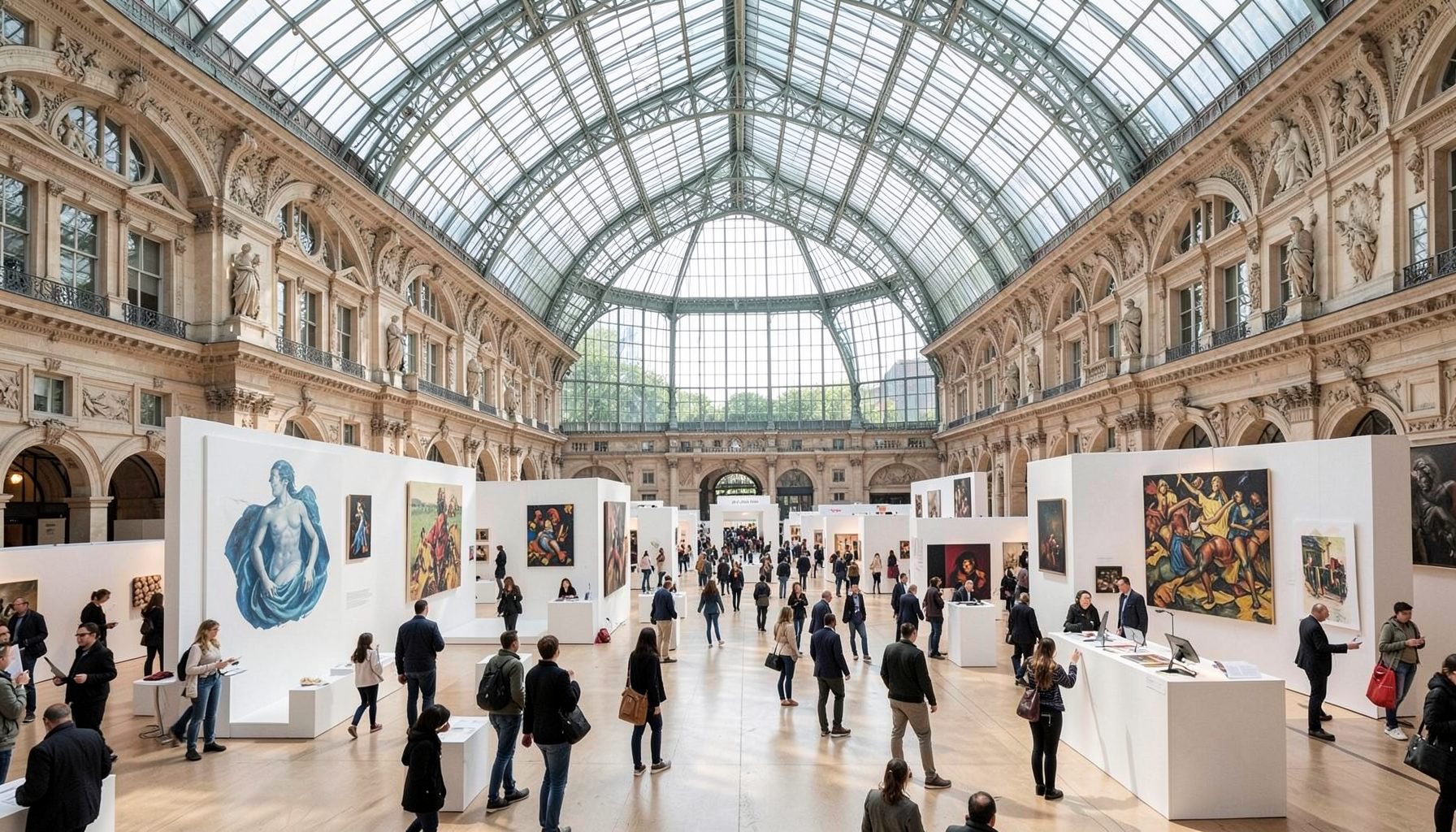 A vast contemporary art fair inside a glass-domed Parisian building, with visitors moving among large-scale artworks
