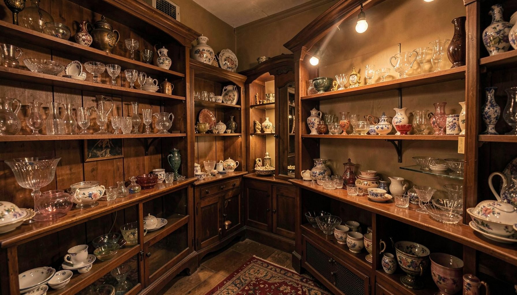 Antique shop interior with shelves of glassware and ceramics under warm amber lighting, a treasure-hunt atmosphere