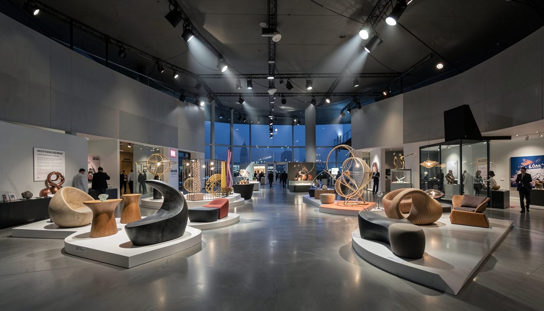 A contemporary design fair in a modern venue, with sculptural furniture and lighting installations displayed under soft light