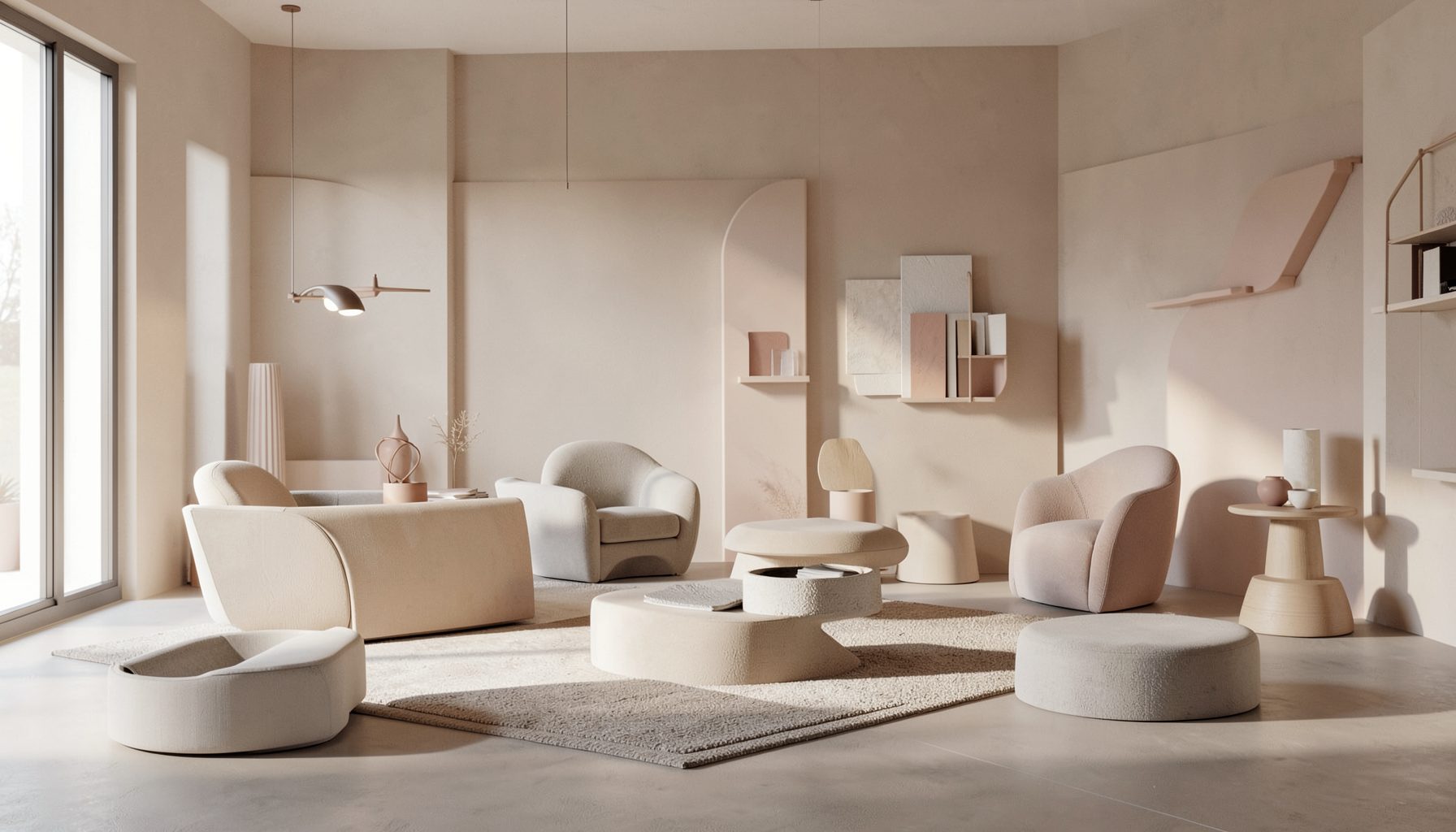 A contemporary design studio interior with sculptural furniture prototypes and material samples in soft natural light